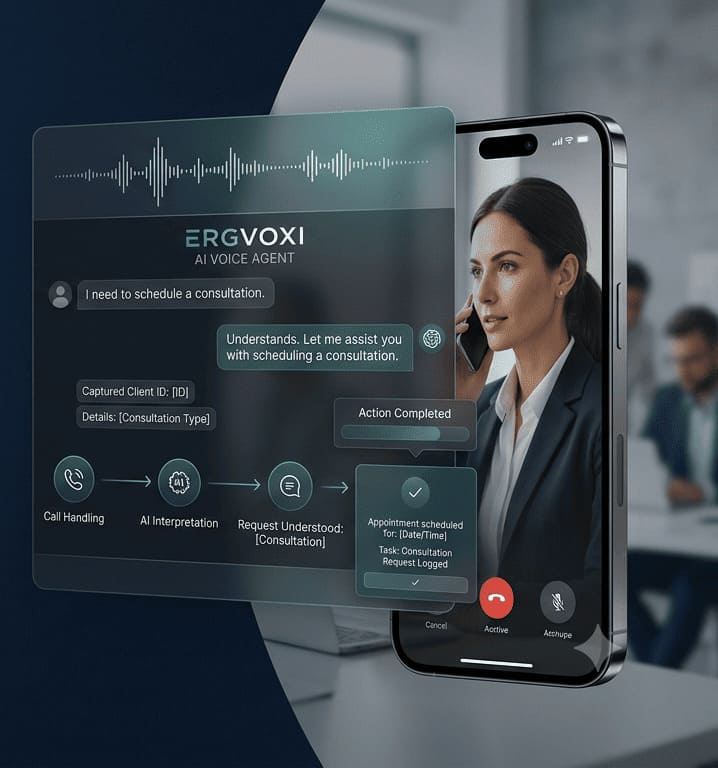 Illustration of an ErgVoxi AI receptionist handling a phone call: a caller on her phone next to an app panel showing call handling, AI interpretation, and a completed appointment-booking action