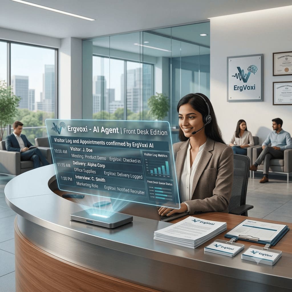 A receptionist at a front desk with an ErgVoxi AI receptionist interface displaying visitor check-ins and confirmed appointments